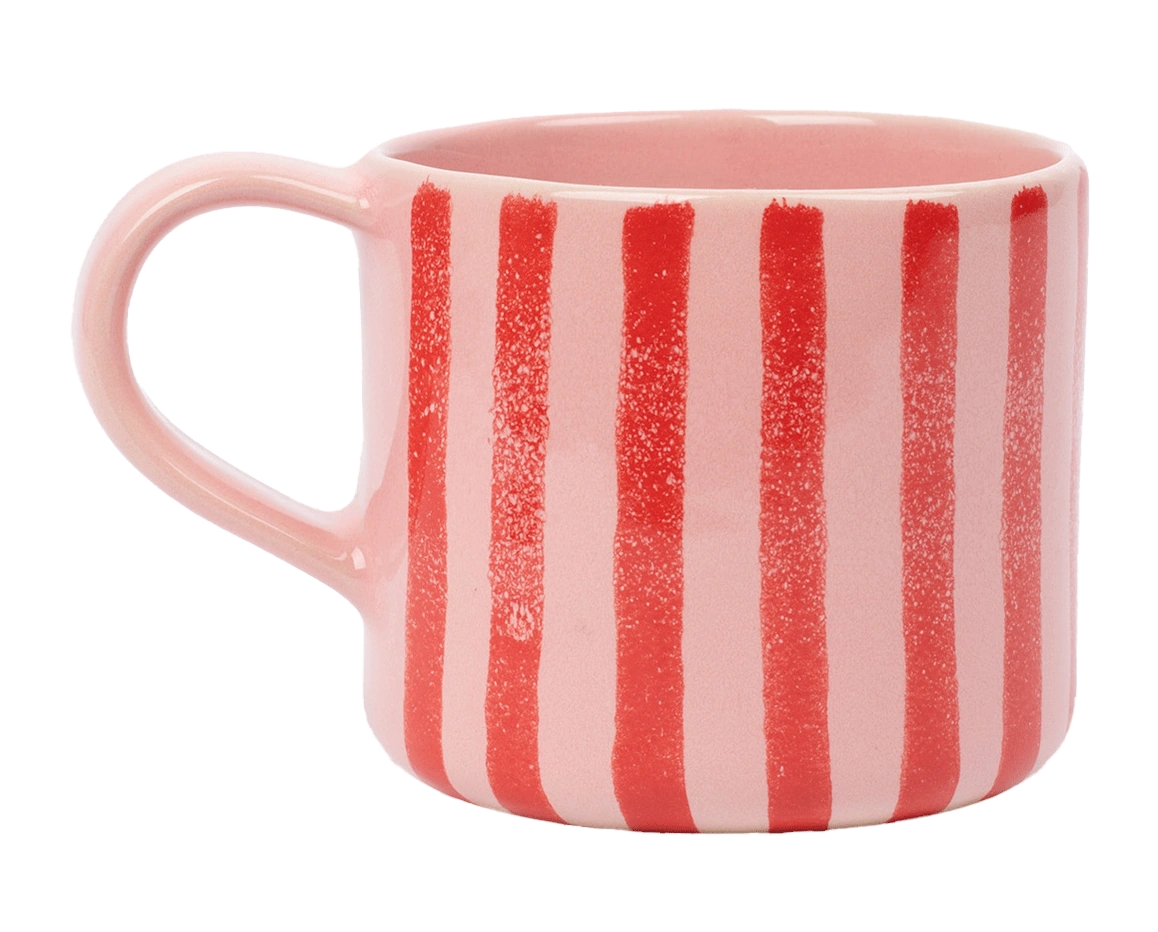 Rosa Tasse mit roten Streifen; Zum Produkt gehen