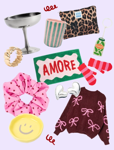 Auf einem lavendelfarbenen Hintergrund sind verschiedene Produktvorschläge zum verschenken abgebildet; Zur Gift Guide Seite gehen